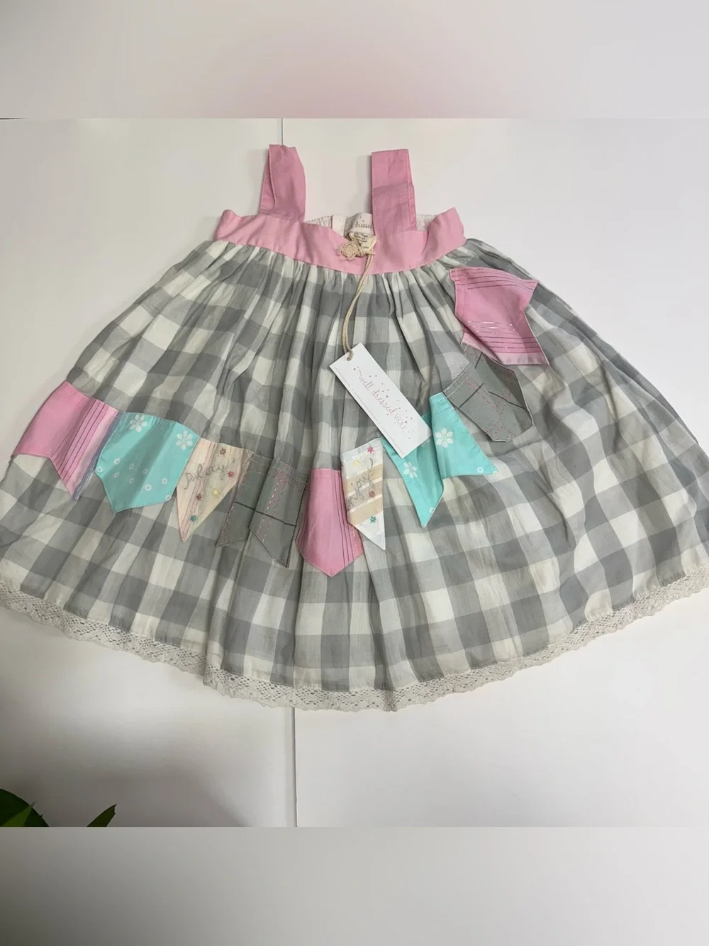 Well Dressed Wolf Joyce Party Dress Gray White Checker Pink Blue Flags Girls 4T
